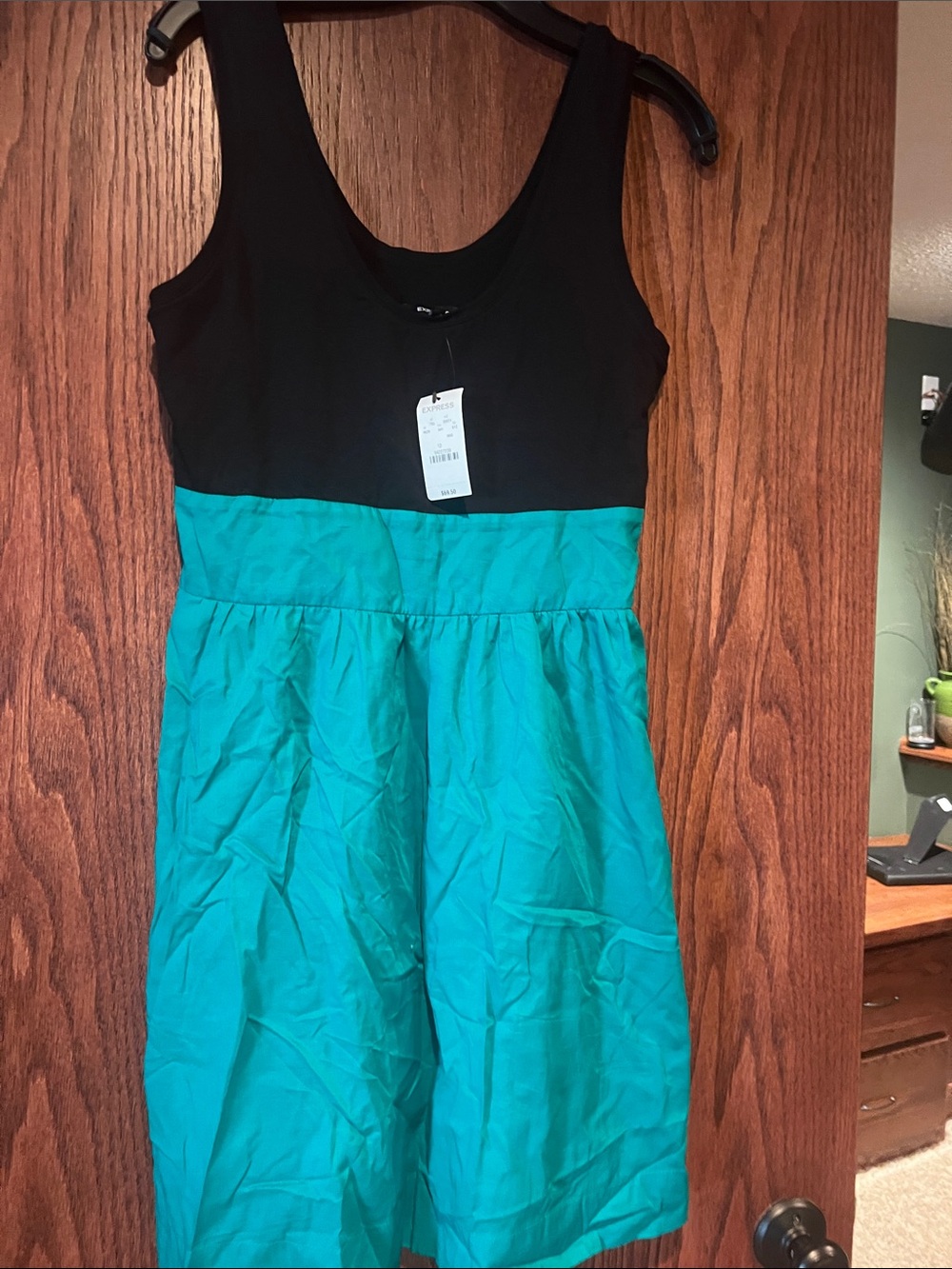 Express Black and Teal Sleeveless Fit-and-Flare Dress